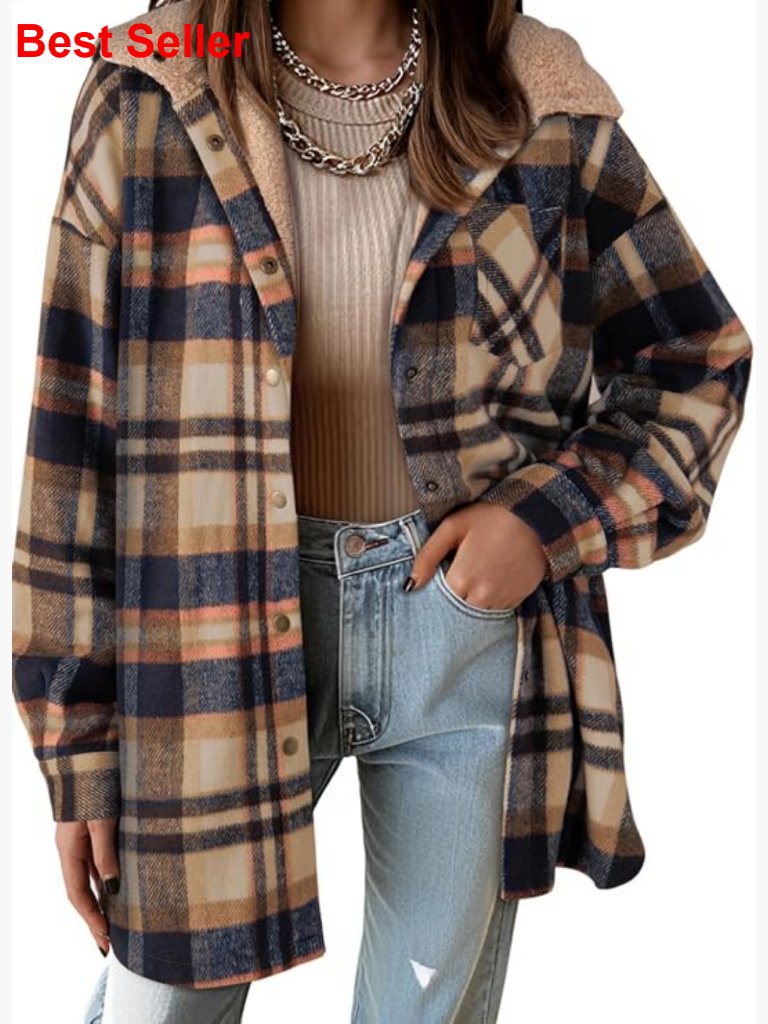 Flannel Hooded Plaid Shacket Thick Coat Winter Button Down Fleece Jacket